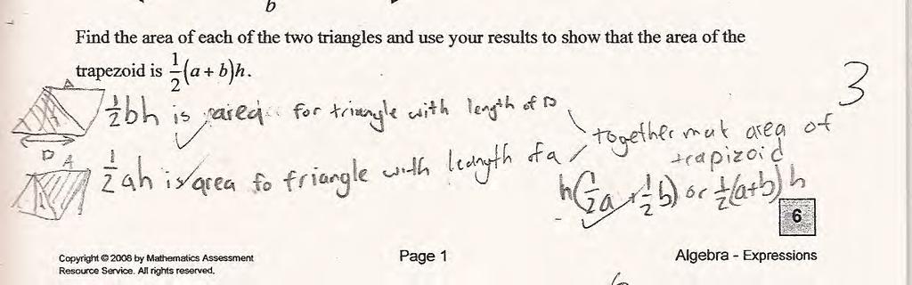 Student B uses diagrams to think about the expressions for area of each triangle. Then the student talks about combining the two expressions.
