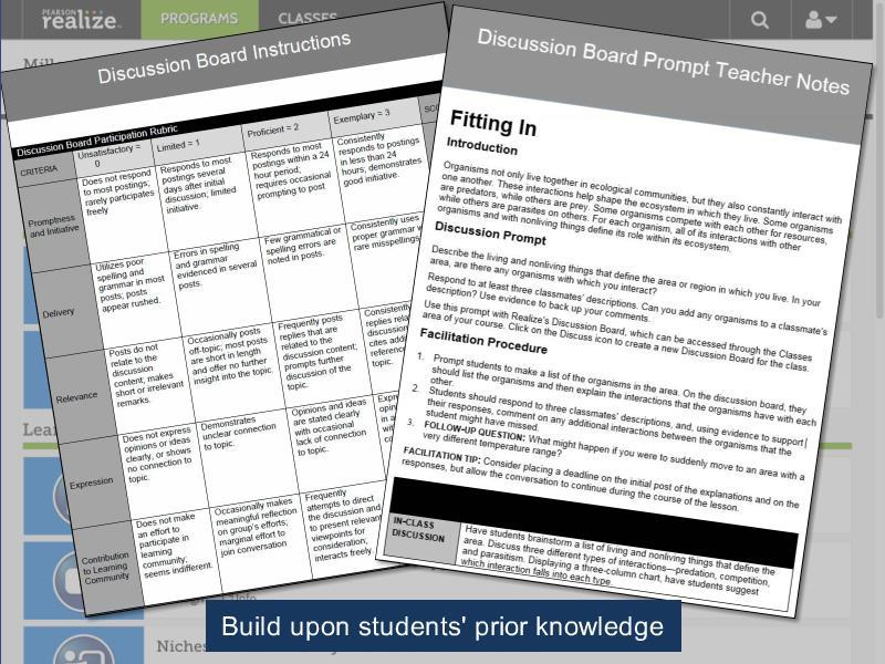 Lesson Components Each lesson begins with a section called Getting Started, which contains a discussion board prompt, complete with a rubric and in-class discussion questions.