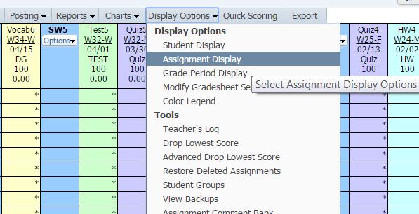 Gradebook Display Options The Display Options menu allows you to select different display options for student display, assignment display and grade period display.