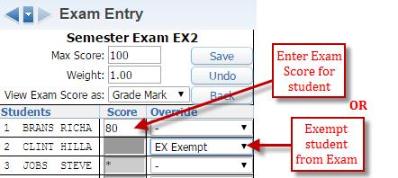To enter Semester/Final Exam grades, go to the Gradebook Main Screen and click the Options tab under the EX1 or EX2 Grade Bucket 2.