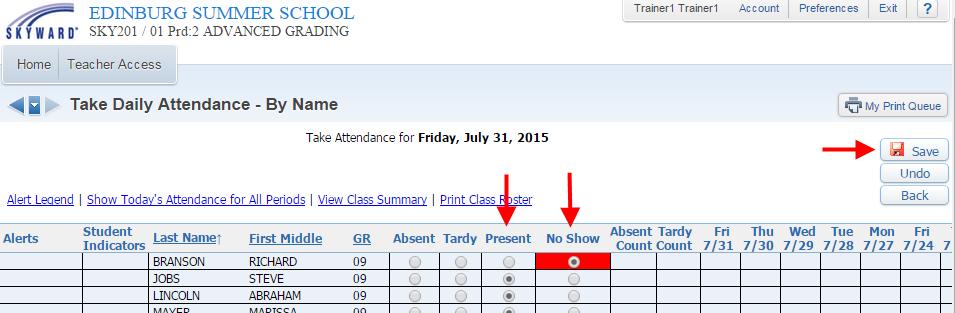 First Day Attendance: by default all students will show as Present.