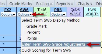 Click the Options button in the term column heading and then click Enter Term Grade Adjustments 2.