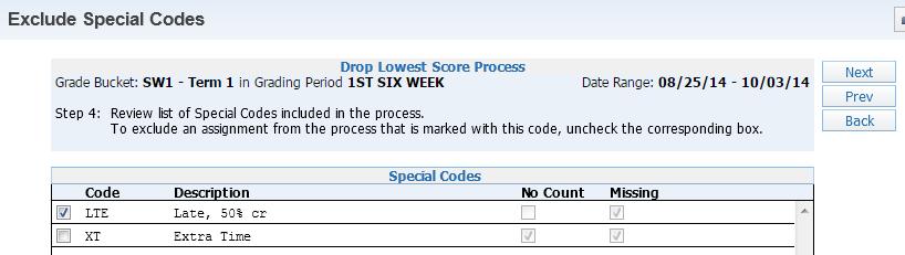 5. Review the Special Codes to determine whether assignments with these Special Codes should be included in the Drop Lowest Score