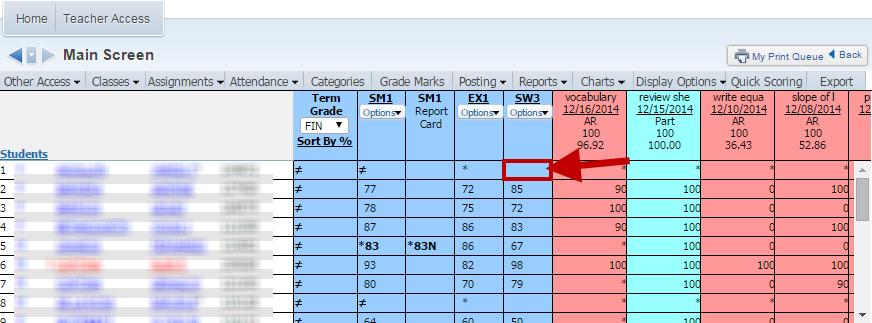 Note: If the grading period to which grade changes need to be made to is not displaying, click on Display Options, Grade Period Display, and check off the Grading