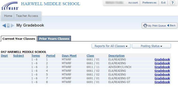 My Gradebook From this screen, you can access all of your current classes Gradebooks, along with those from prior years.