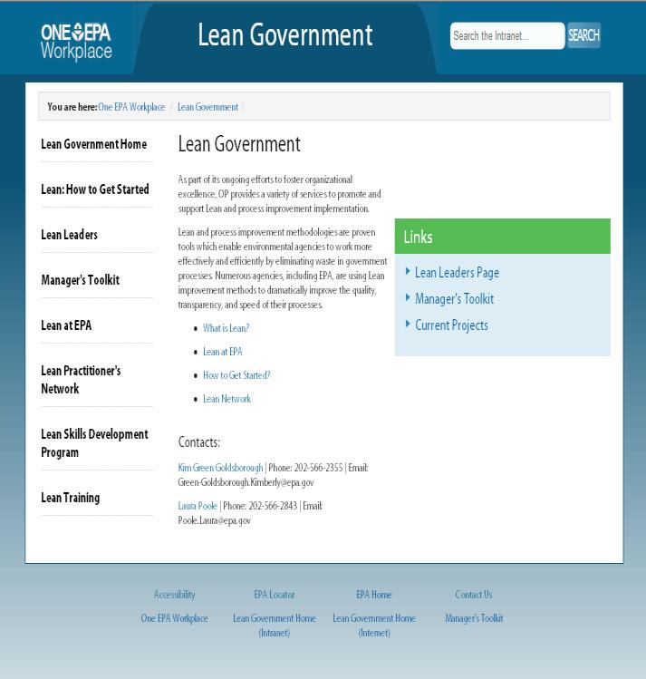 Guide, Leadership Guide EPA Lean Government Intranet: http://intranet.epa.gov/lean/leanatepa/inde x.