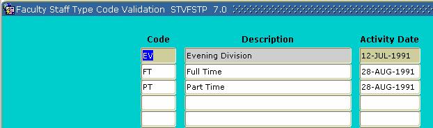 Section B: Set Up Faculty Staff Type Code Validation Description The Faculty Staff Type Code Validation Form (STVFSTP) is used to create, update,