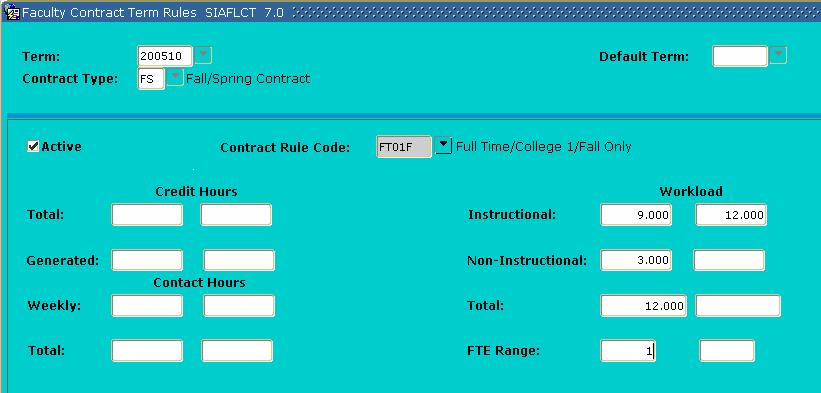 Section B: Set Up Faculty Contract Term Rules Description The Faculty Contract Term Rules Form (SIAFLCT) is used to create and update the rules that are used when performing a contract term analysis.