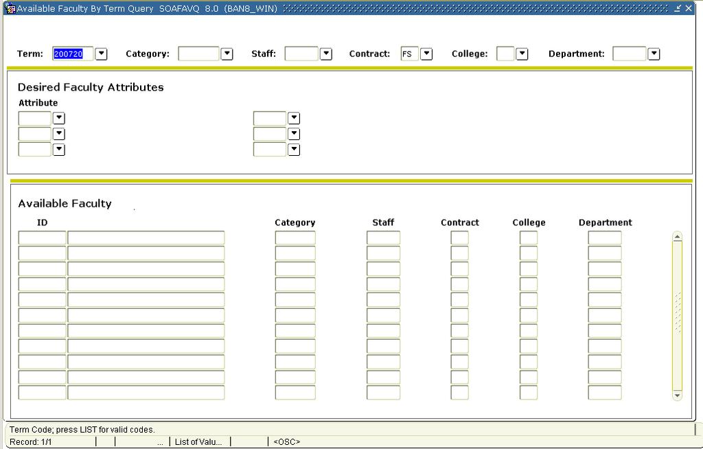 Available Faculty by Term Query Introduction The Available Faculty by Term Query Form (SOAFAVQ) is used to query faculty