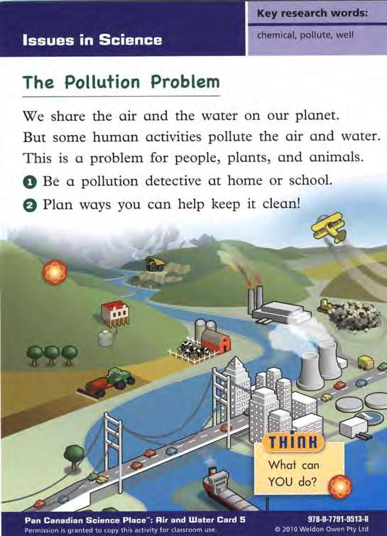 Activity Description: Students answer the Think question by clicking on the water drops in the picture to learn more about what they can do to keep our air and water clean.