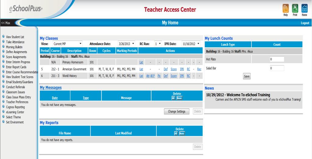 Logging out of Teacher Access Center (TAC) eschoolplus 2.4 TAC Teacher In the title bar at the top right side of a Teacher Access Center page, click the Logout link.