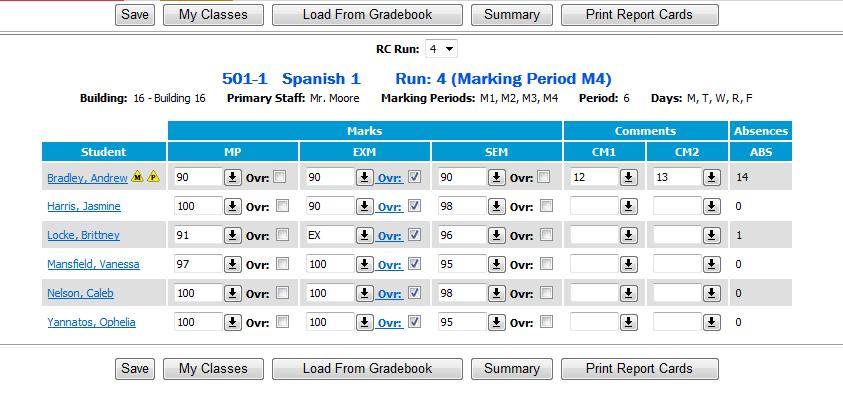 Entering Grades into Report Cards The Enter Report Cards page is used to add grades, attendance, or comment information for a class.