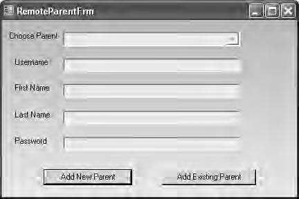 A small window opens to allow you to enter the Remote Parent information: = Username = First Name = Last Name = Password Choose Parent is a dropdown selection box, used to edit information, if you