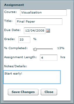 Courses can be added to the program and visually encoded through colors. Figure 1. Course Input Figure 4. Assignment data input.