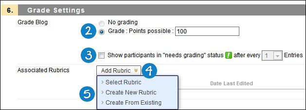 QUICK STEPS: Associating a Rubric With Blogs, Journals, and Wikis 1. Create a new or edit an existing blog, journal, or wiki. 2. Under the Rubrics step, select Grade.
