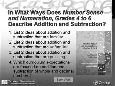 them identify and explain aspects of the guide that are: familiar (e.g., junior grades focus on adding and subtracting multidigit whole numbers and decimal numbers); unfamiliar (e.g., addition is the joining of parts to make a whole and subtraction is the separation of the whole into parts); and interesting (e.