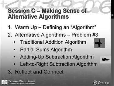 Session C Making Sense of Alternative Algorithms Display slide 18. Warm Up Defining an Algorithm Display slide 19 on whole number addition and slide 20 on decimal number addition.