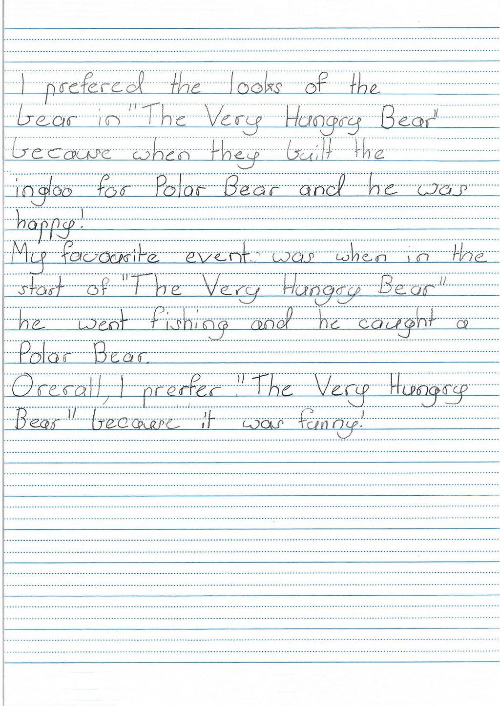 Work sample 3 Written response: Comparing literary texts Uses capital letters for proper nouns. Writes legibly using unjoined upper- and lower-case letters.