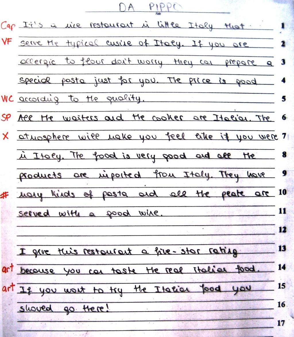 Sample Student writing with