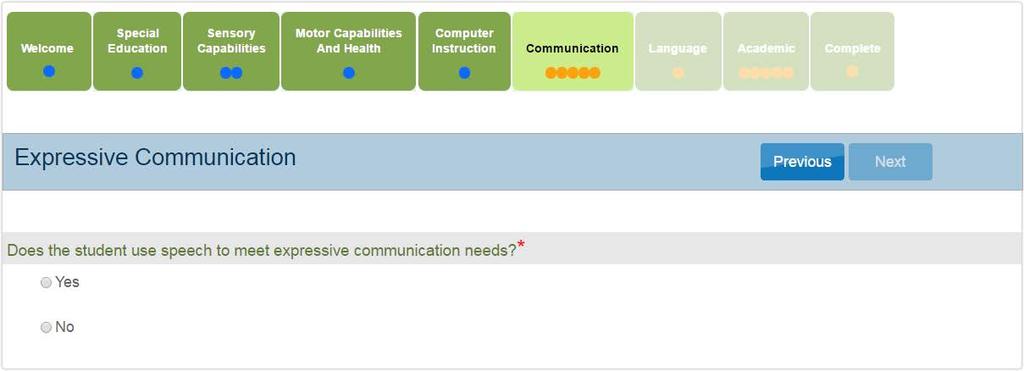 On the Communication tab, complete the survey on the student s expressive and