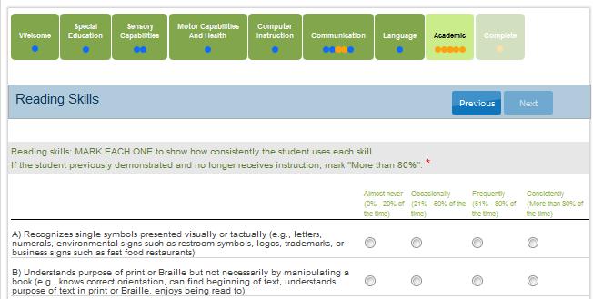 On the Academic tab, complete the survey on the student s