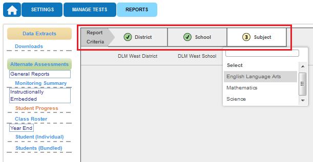 2. Under Alternate Assessments, click Student Progress. 3. Use prepopulated information or select filters as needed.