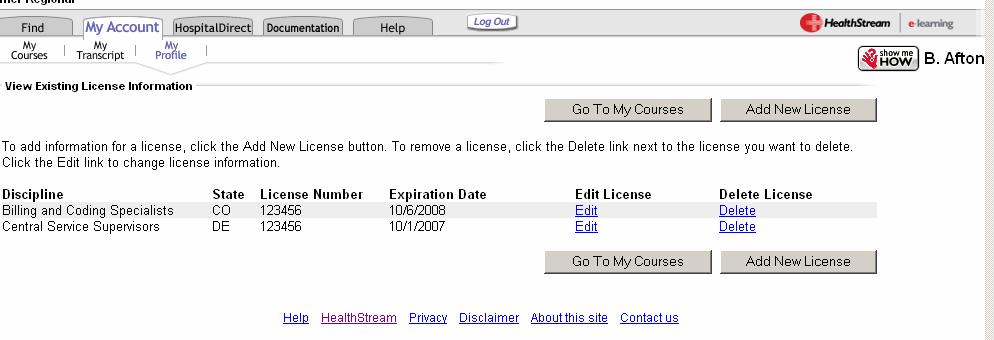 Figure 15 2. Click Add New License to store additional license information in your HLC account, or 3. Click the Edit or Delete link to change license information or remove a license from your account.