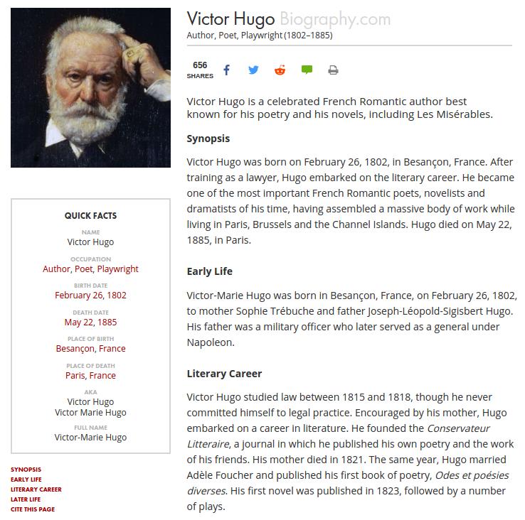 Figure 2: Victor Hugo profile in Biography.com 4.