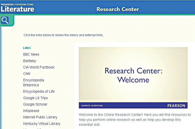 Teachers access the Research Center from the Tools dropdown on the Table of Contents page.