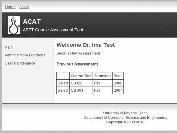 Figure 2 The ACAT welcome page. Navigation on the left panel has options for administrative functions and user profile maintenance.