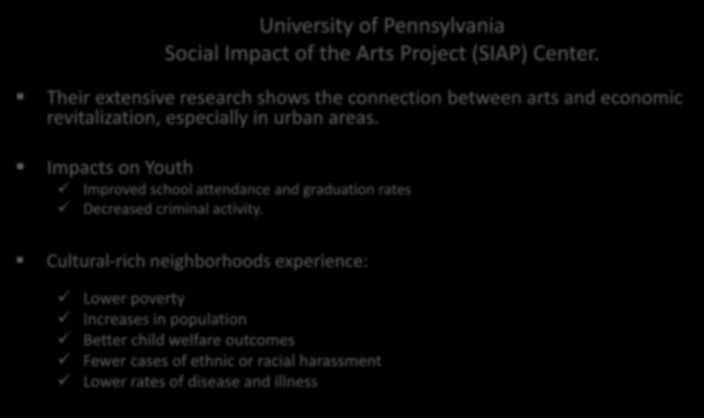 Social Impacts of the Arts University of Pennsylvania Social Impact of the Arts Project (SIAP) Center.