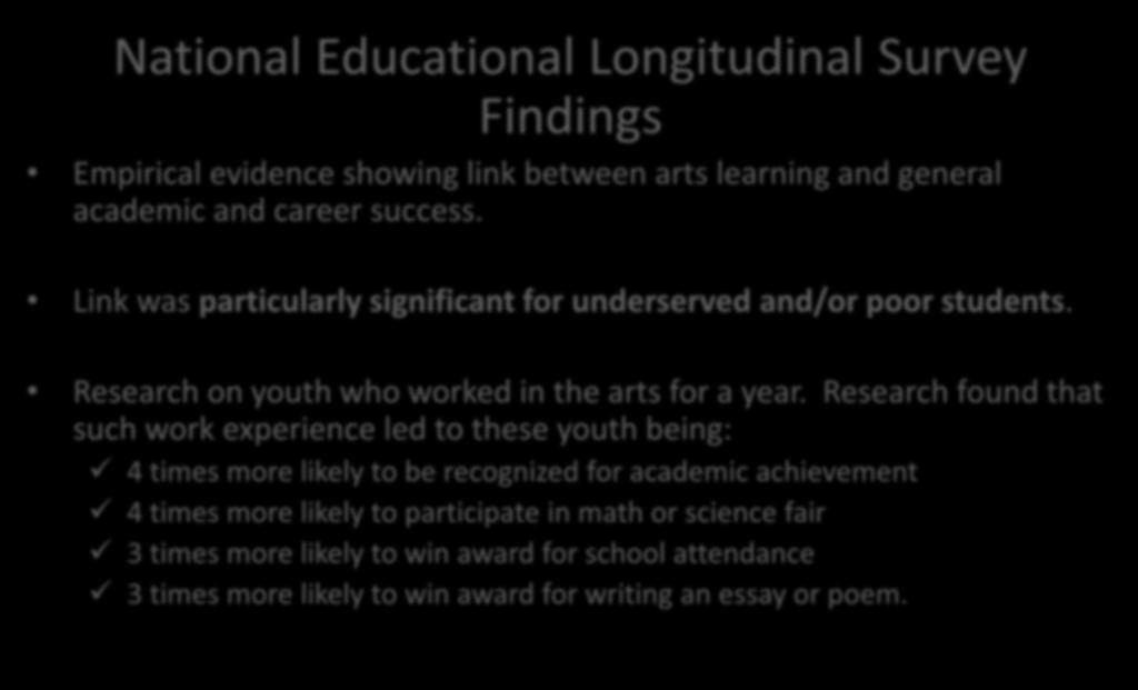 Impact of Arts on Education National Educational Longitudinal Survey Findings Empirical evidence showing link between arts learning and general academic and career success.