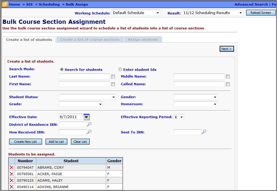 Create a new list of students which includes the student IDs entered above, or the students that meet the entered criteria. to the existing list.
