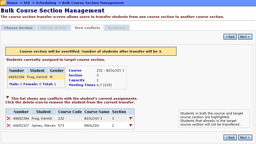 Remove this student from the transfer list. Summary Tab The fourth tab shows the list of students you selected on the first tab, for final confirmation.