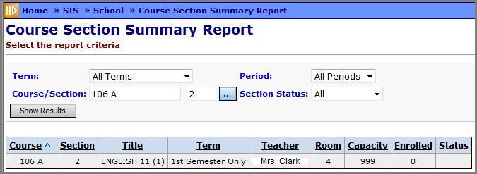 Sorting You may sort by any column (Course, Section, Title, Term, Teacher, Room, Capacity, Status) in ascending or descending order by clicking on the column header.