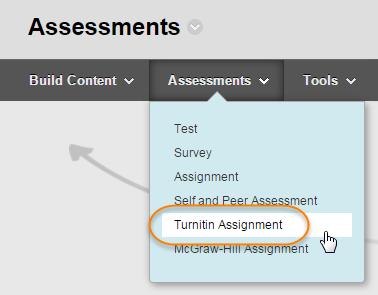 From the menu bar, select Assessments > TurnitinUK Assignment Step 2
