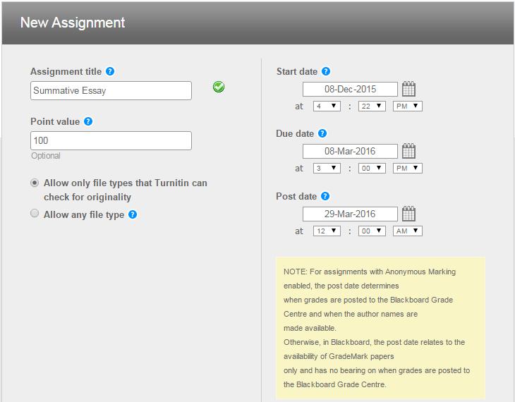 Step 3 Provide a title for the assignment, and assign a point value (if you are planning to assign marks through Turnitin and/or the Blackboard Grade Centre).