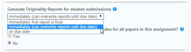It is recommended that you allow students the opportunity to submit drafts in advance of the due date either by selecting option 2 above, or by setting up a separate Turnitin assignment for draft