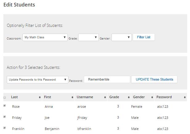 All students will display in a list. To filter the list, select a classroom, grade, or gender and choose Filter List.