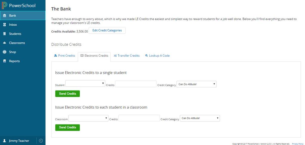 Credits Available: Displays the total amount of credits that can be printed or electronically assigned to students. Contact the Learning Earnings administrator to obtain more credits.