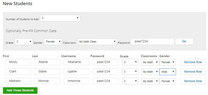 Number of Students to Add: Select the number of students to be added. Extra rows may be added or deleted as needed.