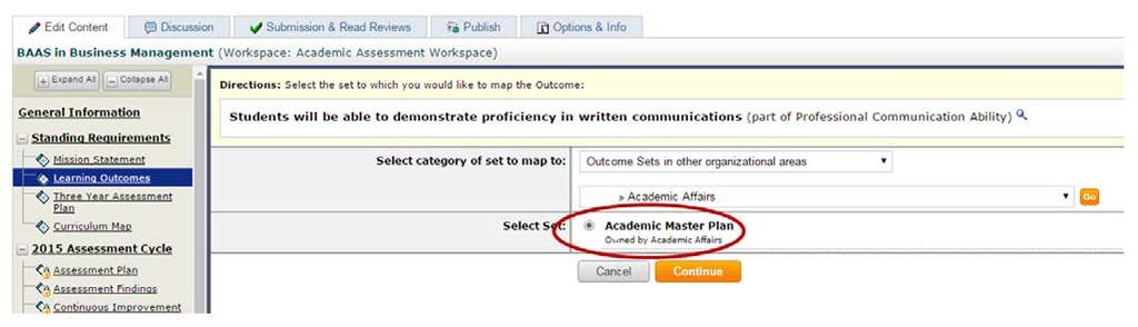 Select the radial button for the Academic Master Plan in the Select set: field, then, select the Continue button.