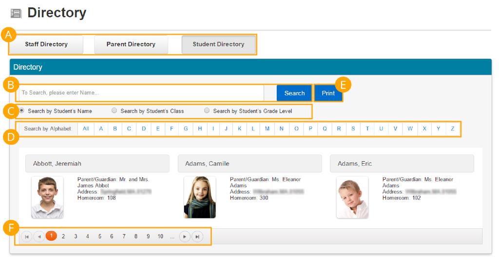 5.4 View School Directory If enabled by your school, you can quickly view a directory of staff, parents, or students on the Directory page.