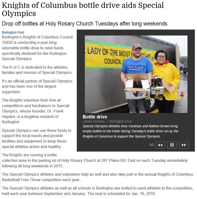 July Events SPECIAL OLYMPICS BOTTLE DRIVE JULY 7 th Thanks to all of the knights that came out in the rain to donate and collect bottles for the Special