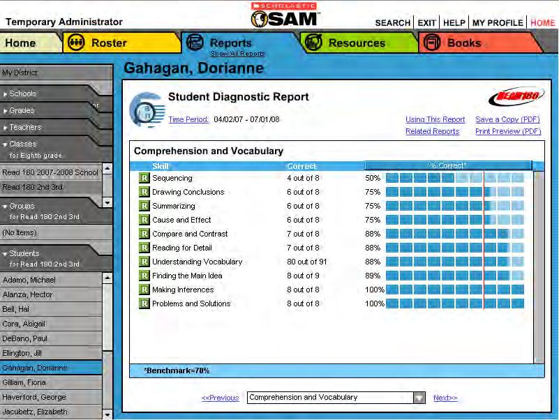 Student Diagnostic Report Report Type: Diagnostic Purpose: This report shows a student s skills progress, recent word and spelling errors, and fluency scores to help identify successes and prioritize