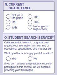 Page 1: Student Information Area Item O: Do you wish to participate in the Student Search Service?