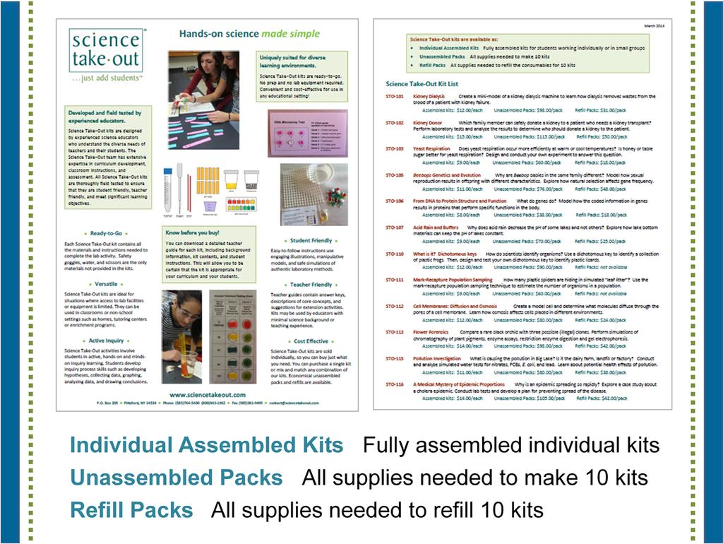 You have a brochure that includes information on other Science Take Out kits and a price list. Visit the Science Take Out website to get further information for each kit.