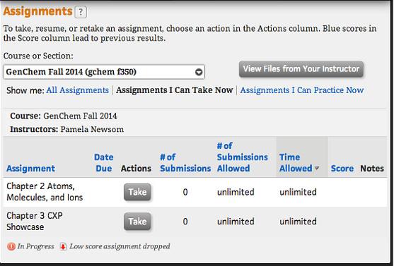 Using the Assignments Page Features The Assignments page provides information on all your assignments, access options for your available assignments, and can display your current score and remaining
