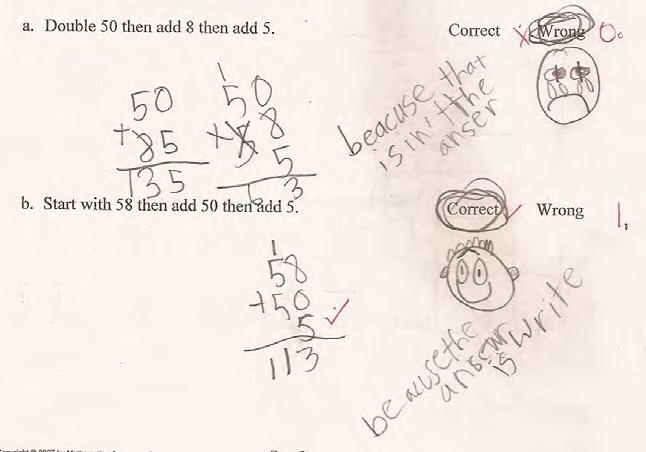 Student G combines the 8 and 5 to make 85 before adding.