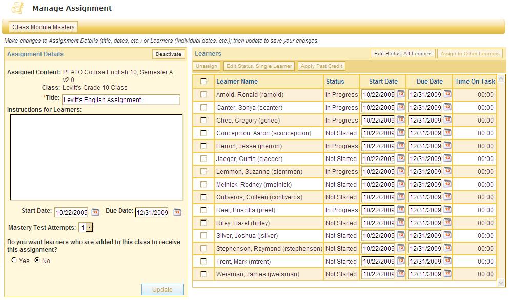 3.3 Manage Assignments Each assignment has a Manage link next to it that takes you to the Manage Assignments page.